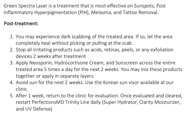 Spectra Green laser pre post care Skin Perfect Brothers